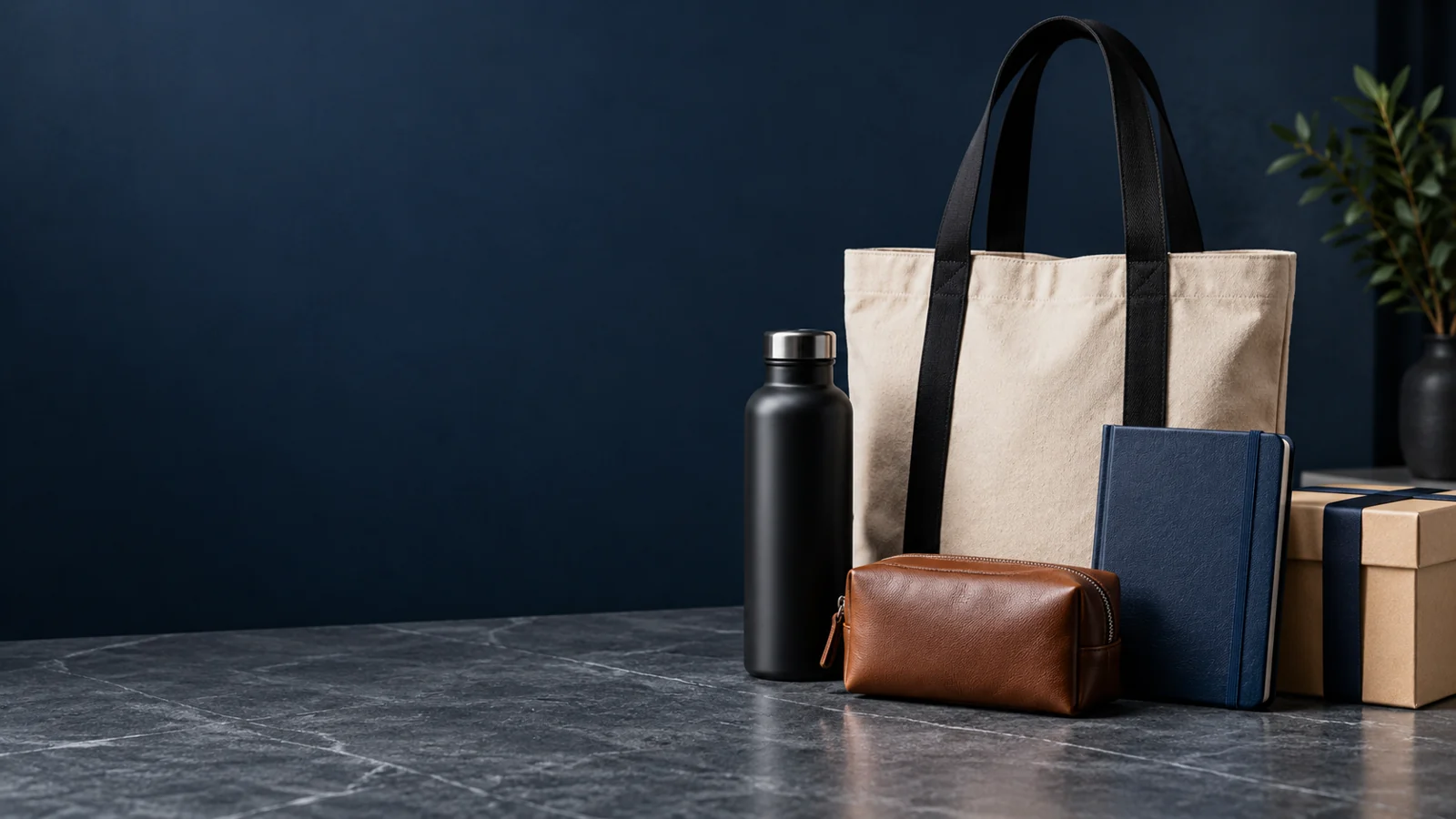 Tas dan corporate gift di atas meja studio