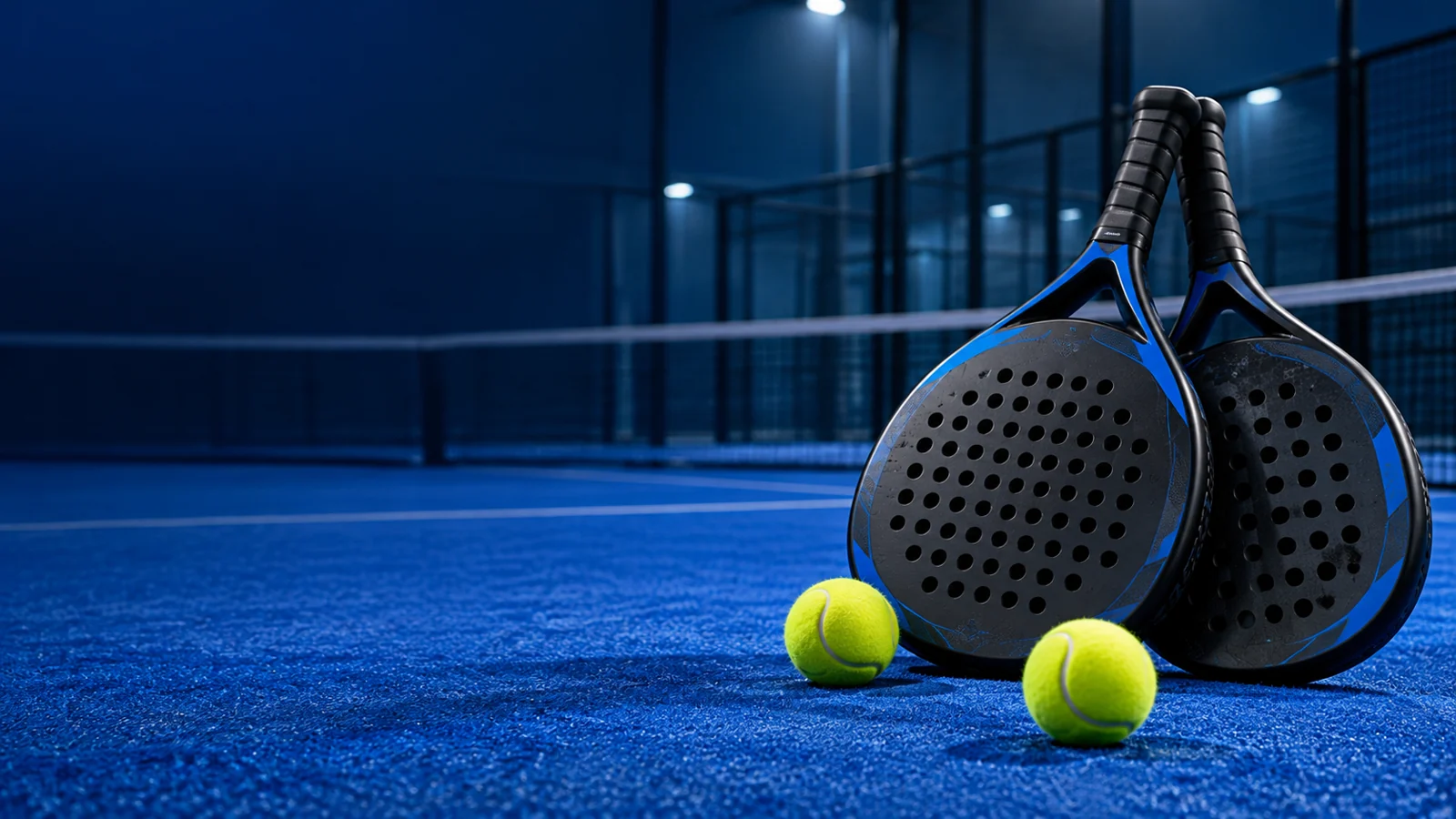Raket padel dan bola di lapangan biru